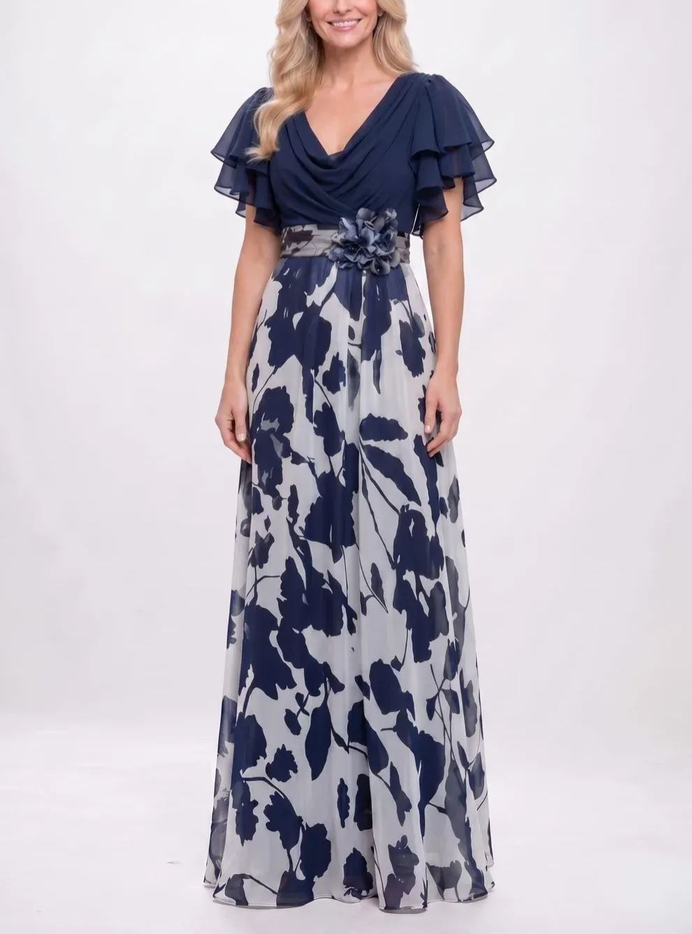 Ruffled Cowl Neck Floral Long Evening Gown