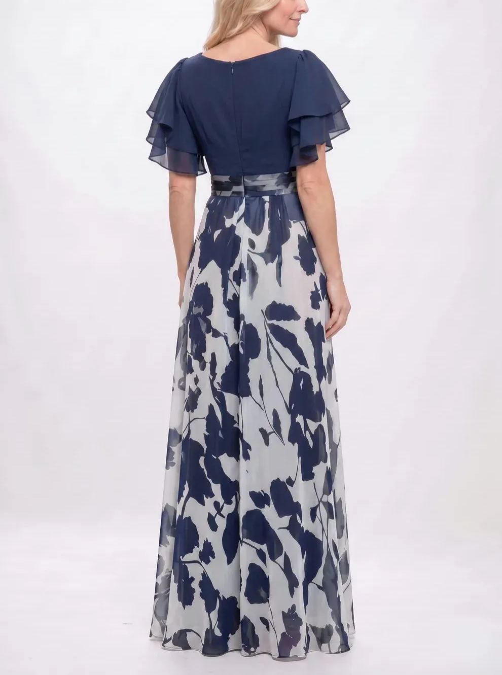 Ruffled Cowl Neck Floral Long Evening Gown