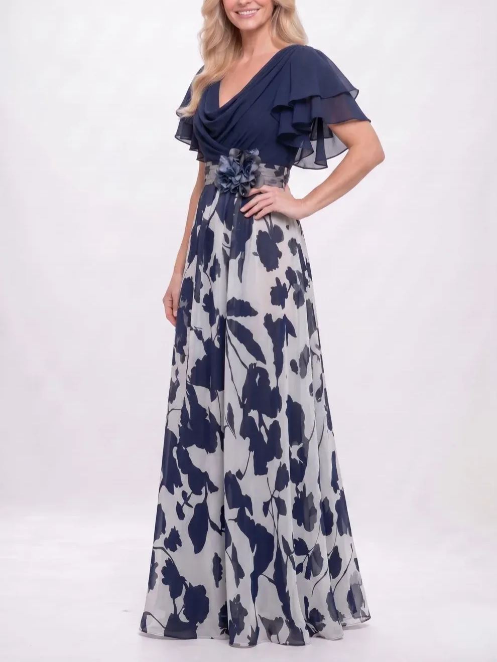 Ruffled Cowl Neck Floral Long Evening Gown