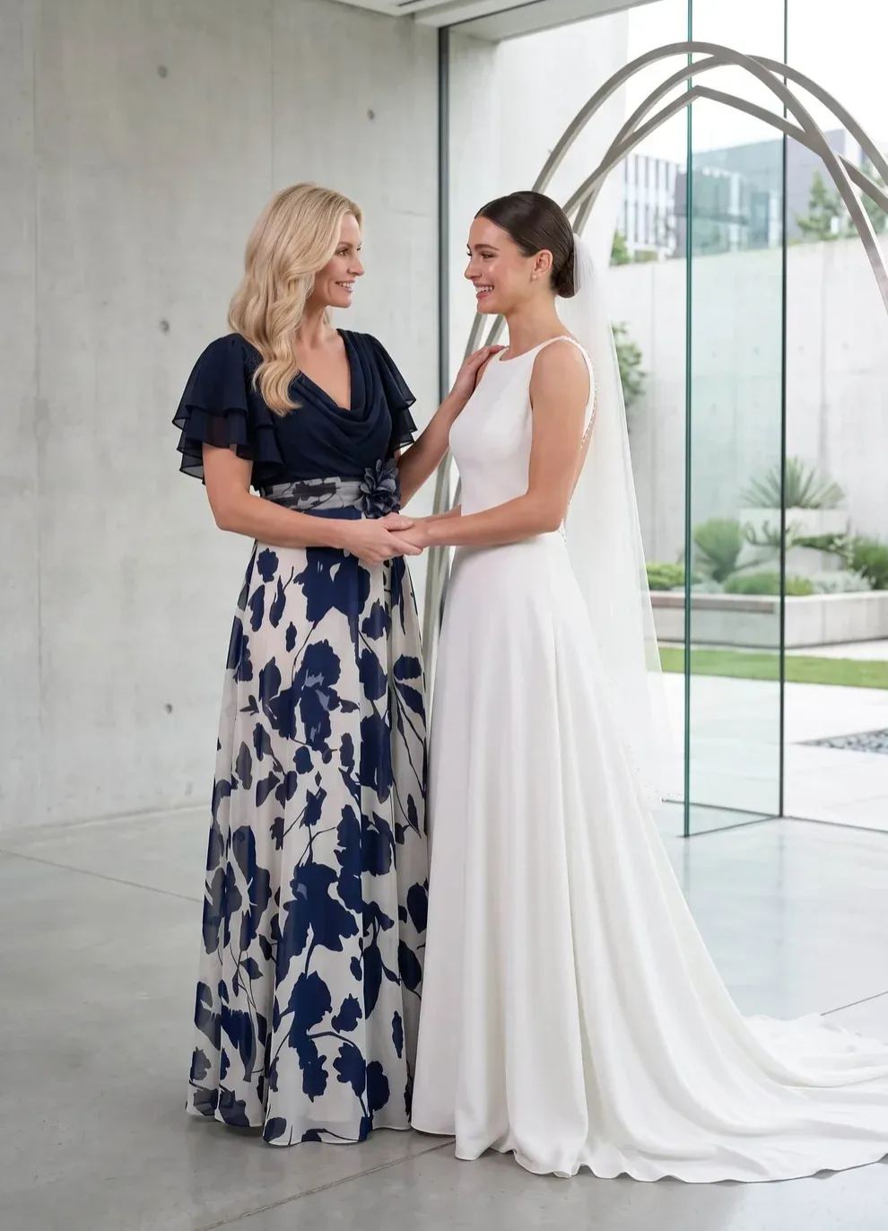 Ruffled Cowl Neck Floral Long Evening Gown