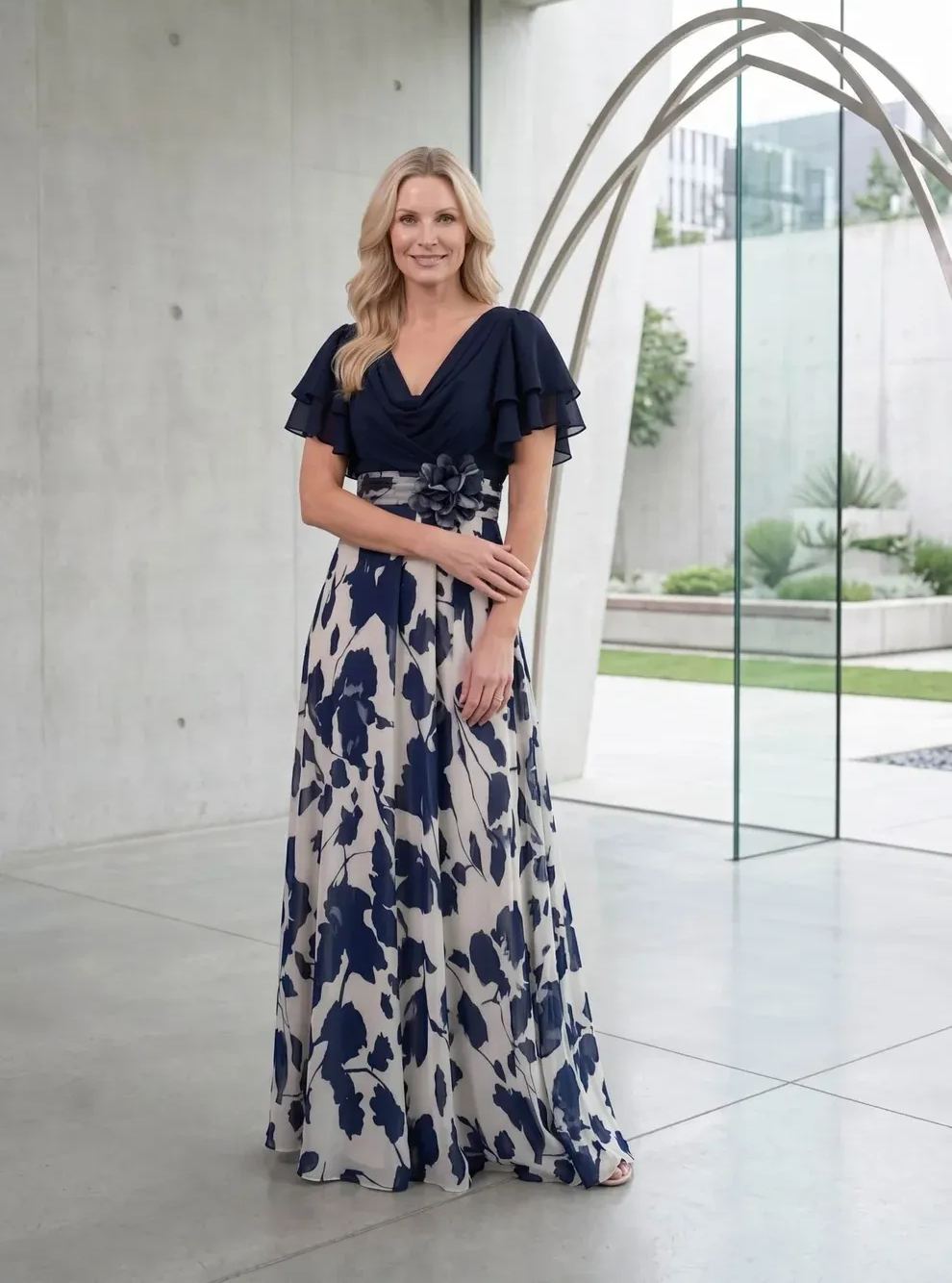 Ruffled Cowl Neck Floral Long Evening Gown