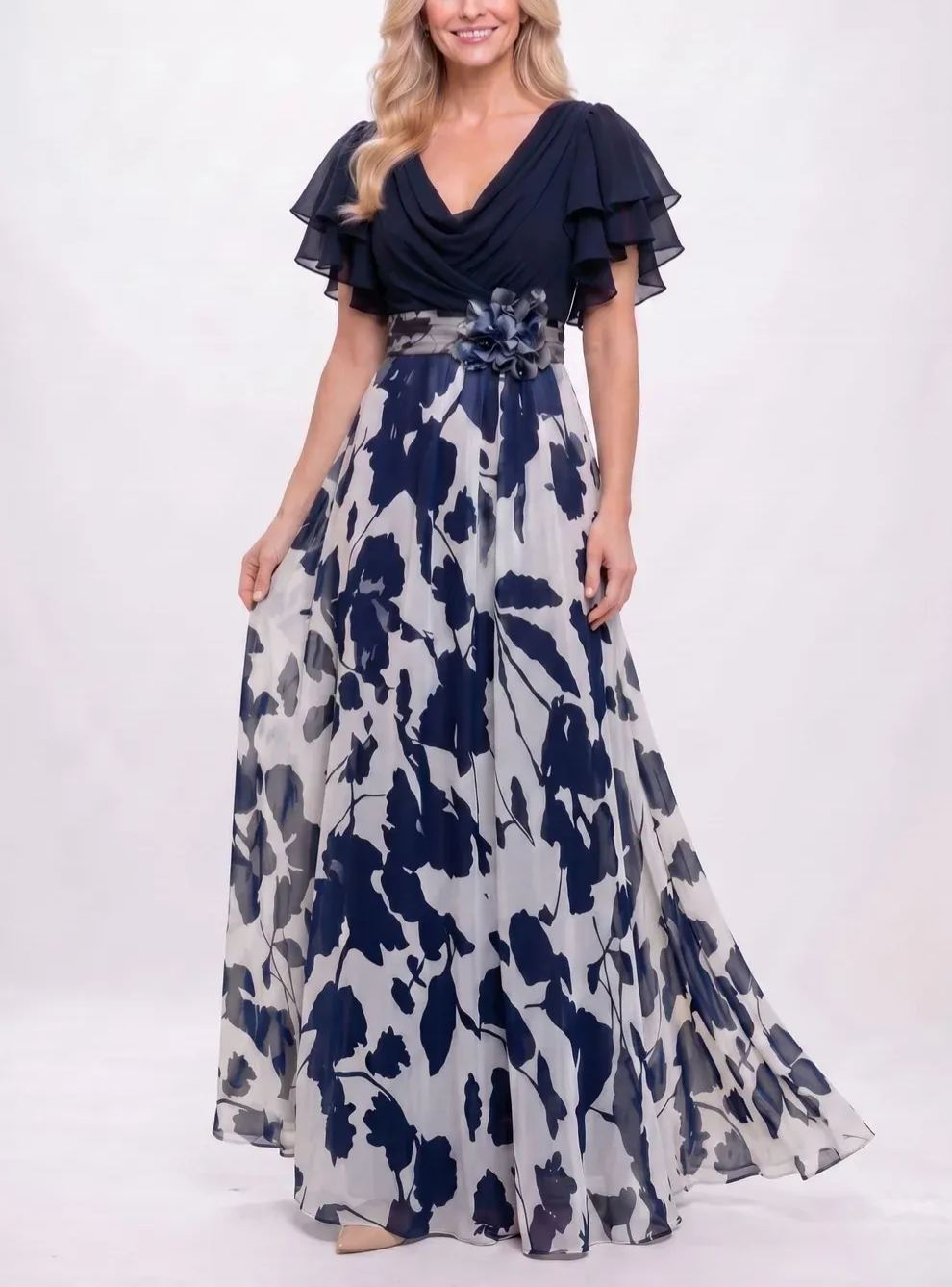 Ruffled Cowl Neck Floral Long Evening Gown
