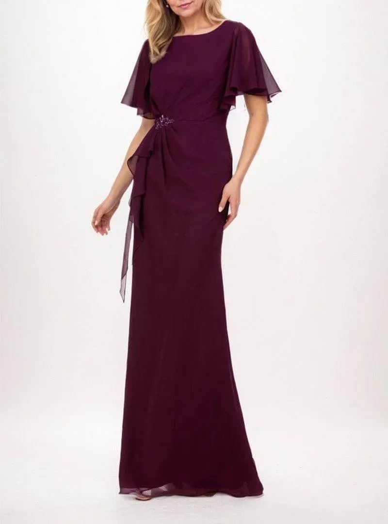 Ruffled Flutter Sleeve Crystal Waist Floor Length Evening Gown