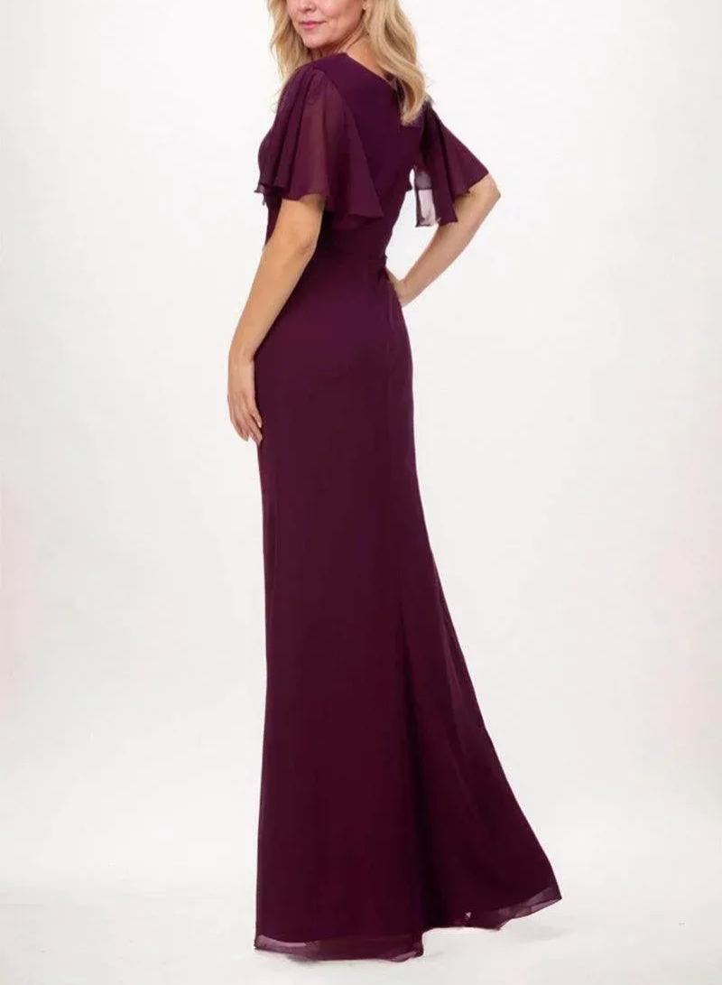 Ruffled Flutter Sleeve Crystal Waist Floor Length Evening Gown