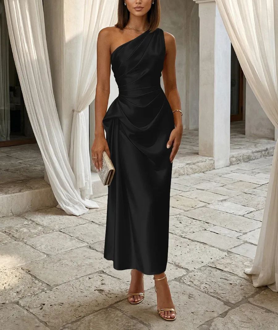 One-Shoulder Draped Satin Midi Dress