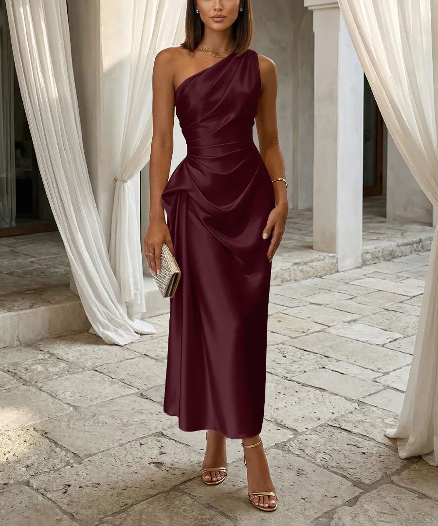 One-Shoulder Draped Satin Midi Dress