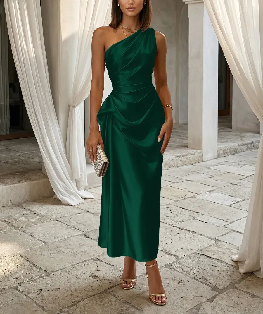 One-Shoulder Draped Satin Midi Dress
