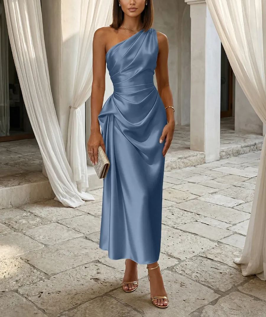 One-Shoulder Draped Satin Midi Dress