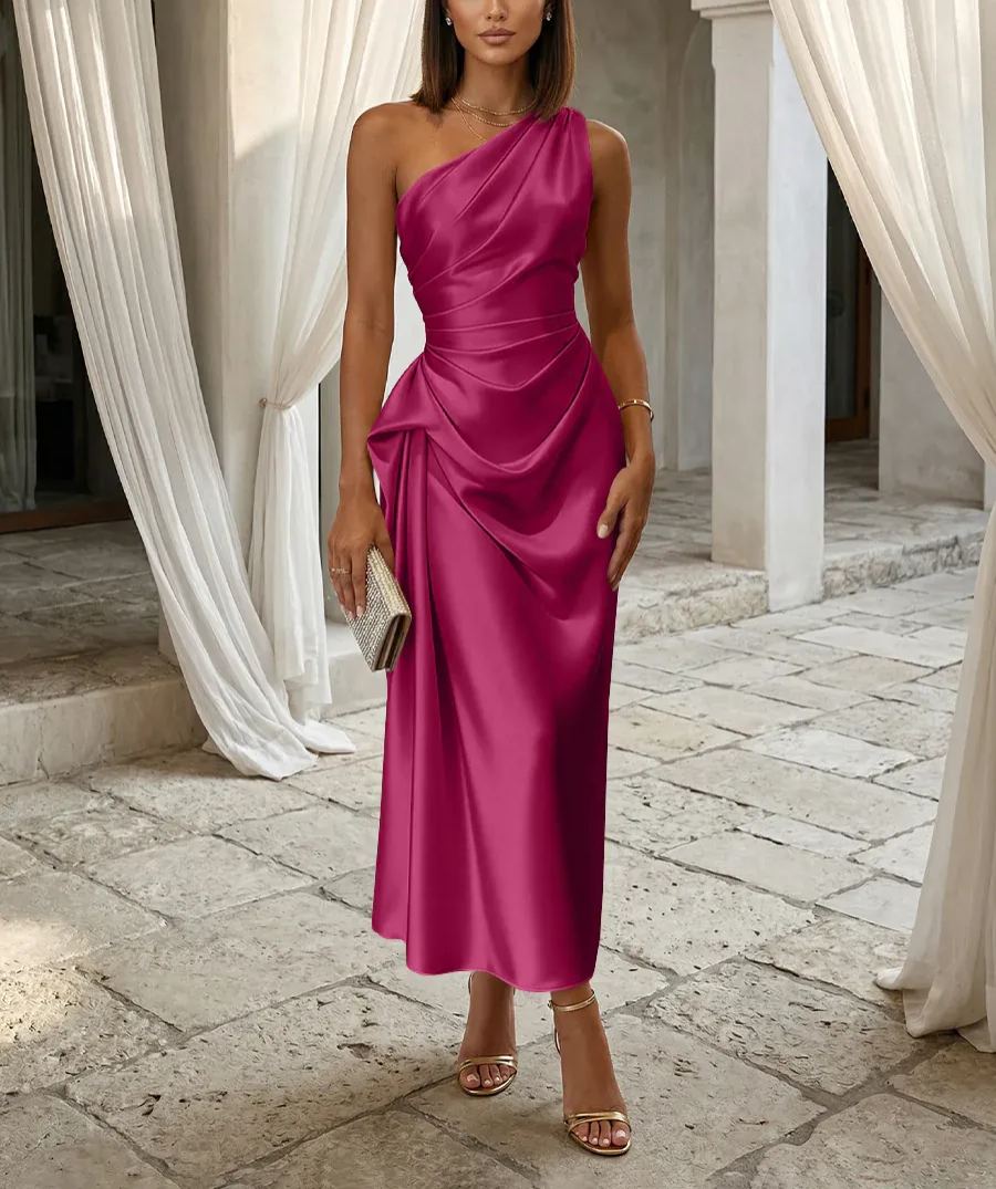 One-Shoulder Draped Satin Midi Dress