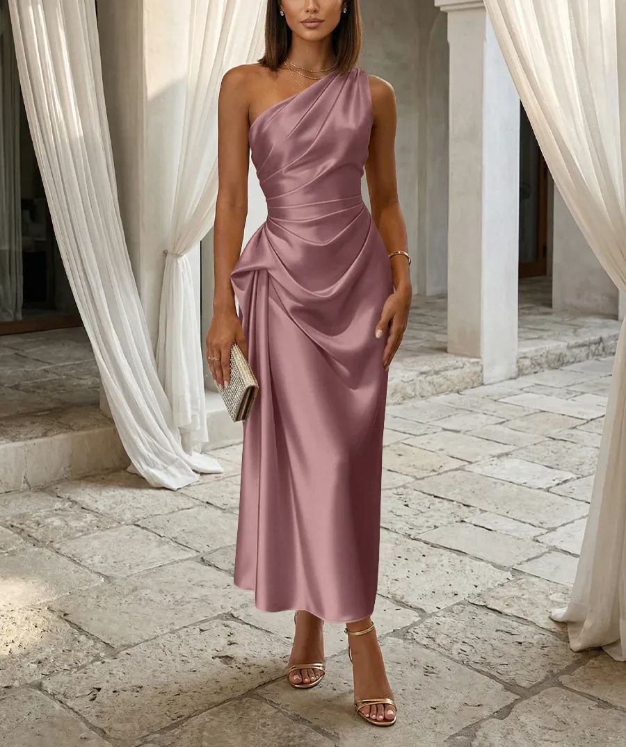 One-Shoulder Draped Satin Midi Dress