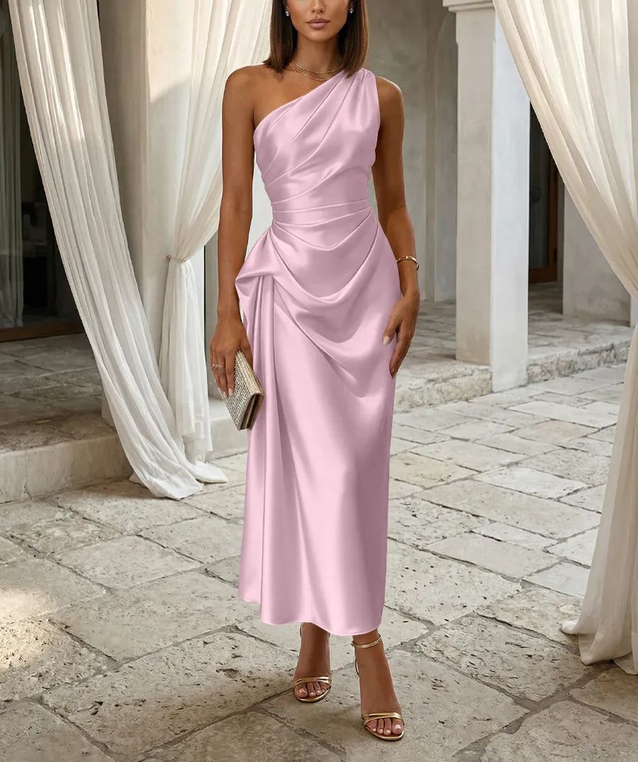 One-Shoulder Draped Satin Midi Dress