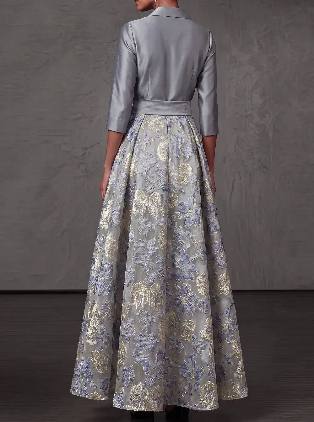 Point Collar 3/4 Sleeves Bow Jacquard Floor-Length A-Line Dress