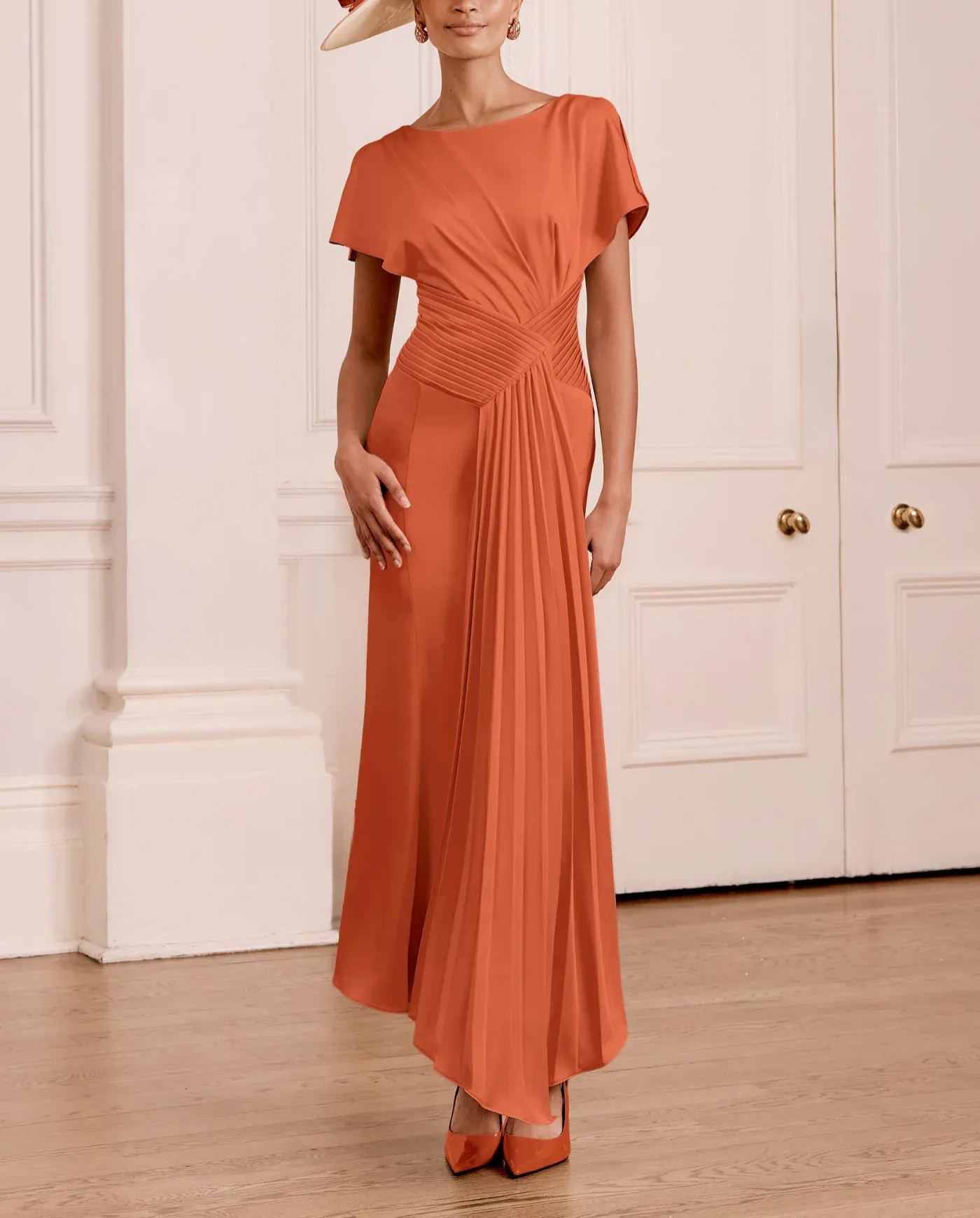 Draped Bodice Pleated Crepe Midi Dress