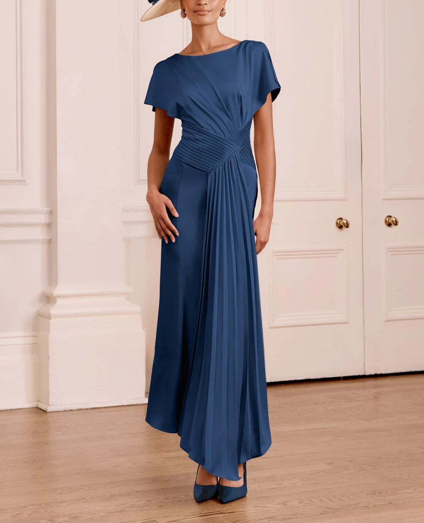 Draped Bodice Pleated Crepe Midi Dress