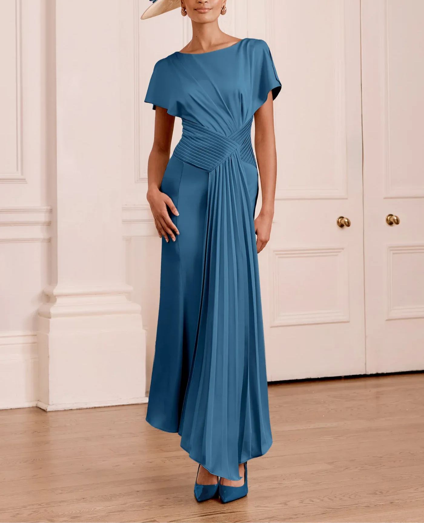 Draped Bodice Pleated Crepe Midi Dress
