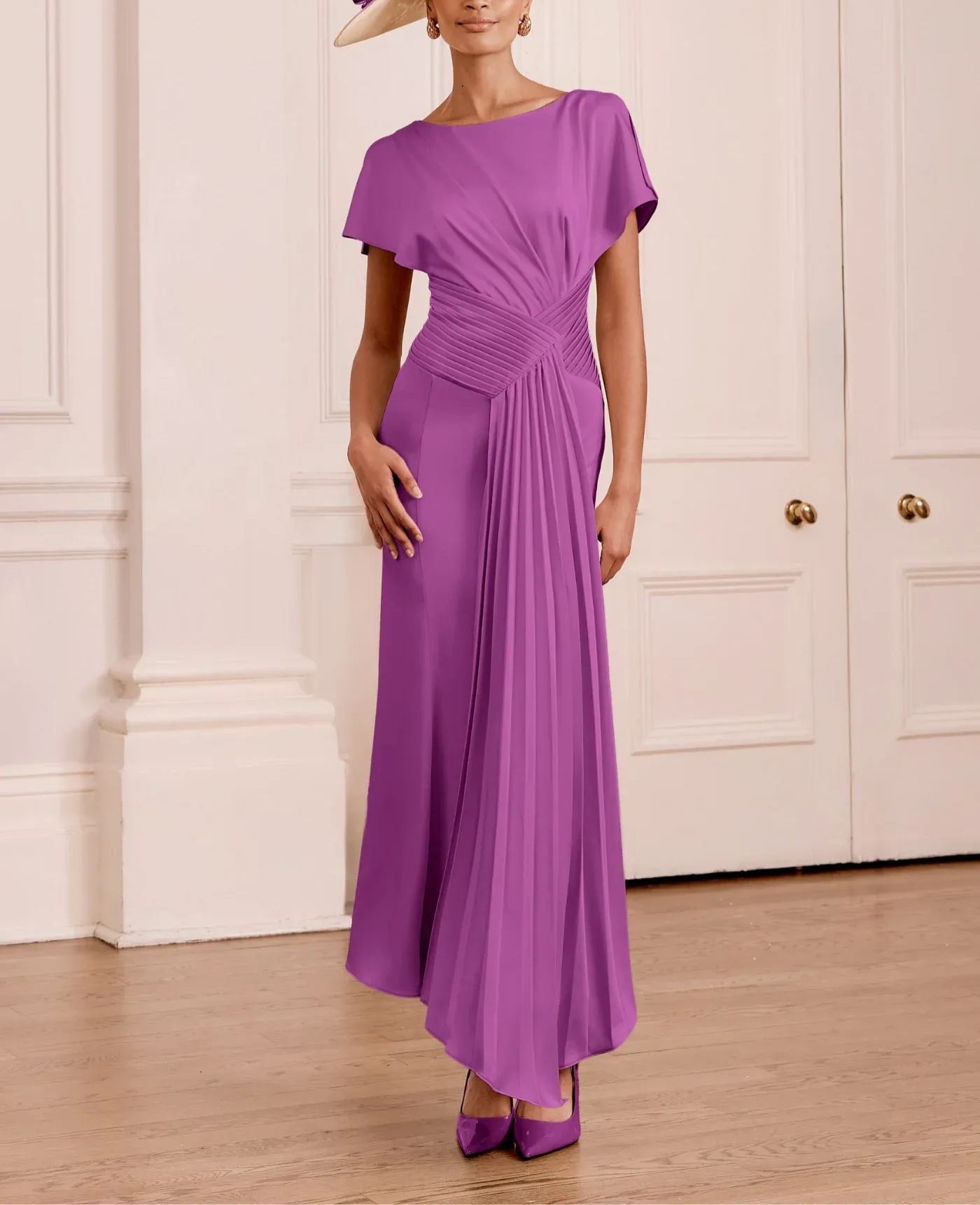 Draped Bodice Pleated Crepe Midi Dress