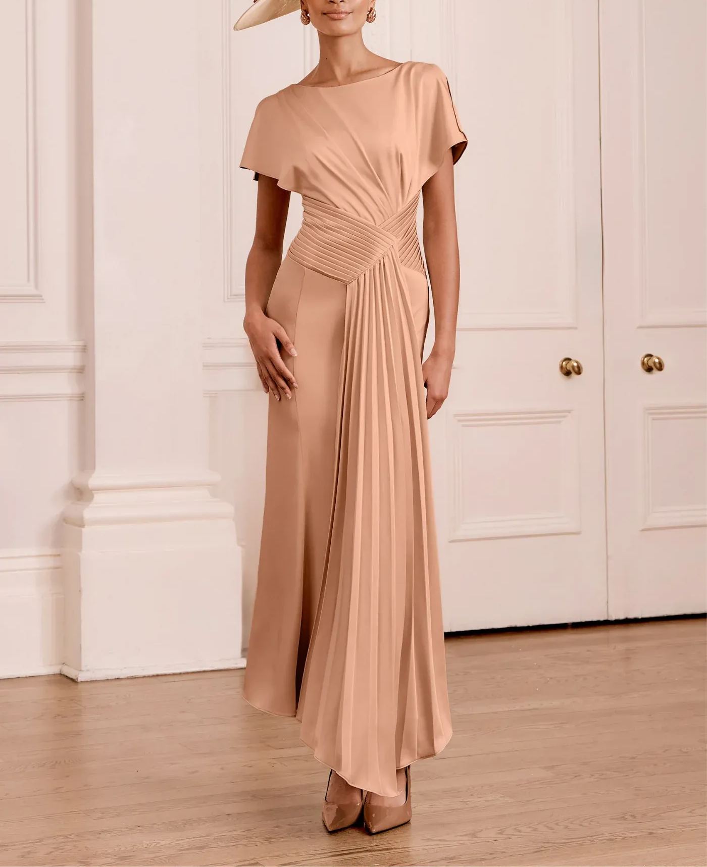 Draped Bodice Pleated Crepe Midi Dress