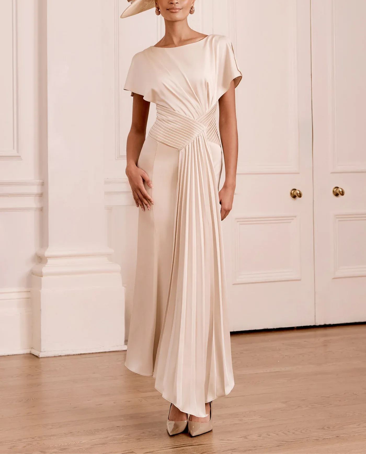 Draped Bodice Pleated Crepe Midi Dress