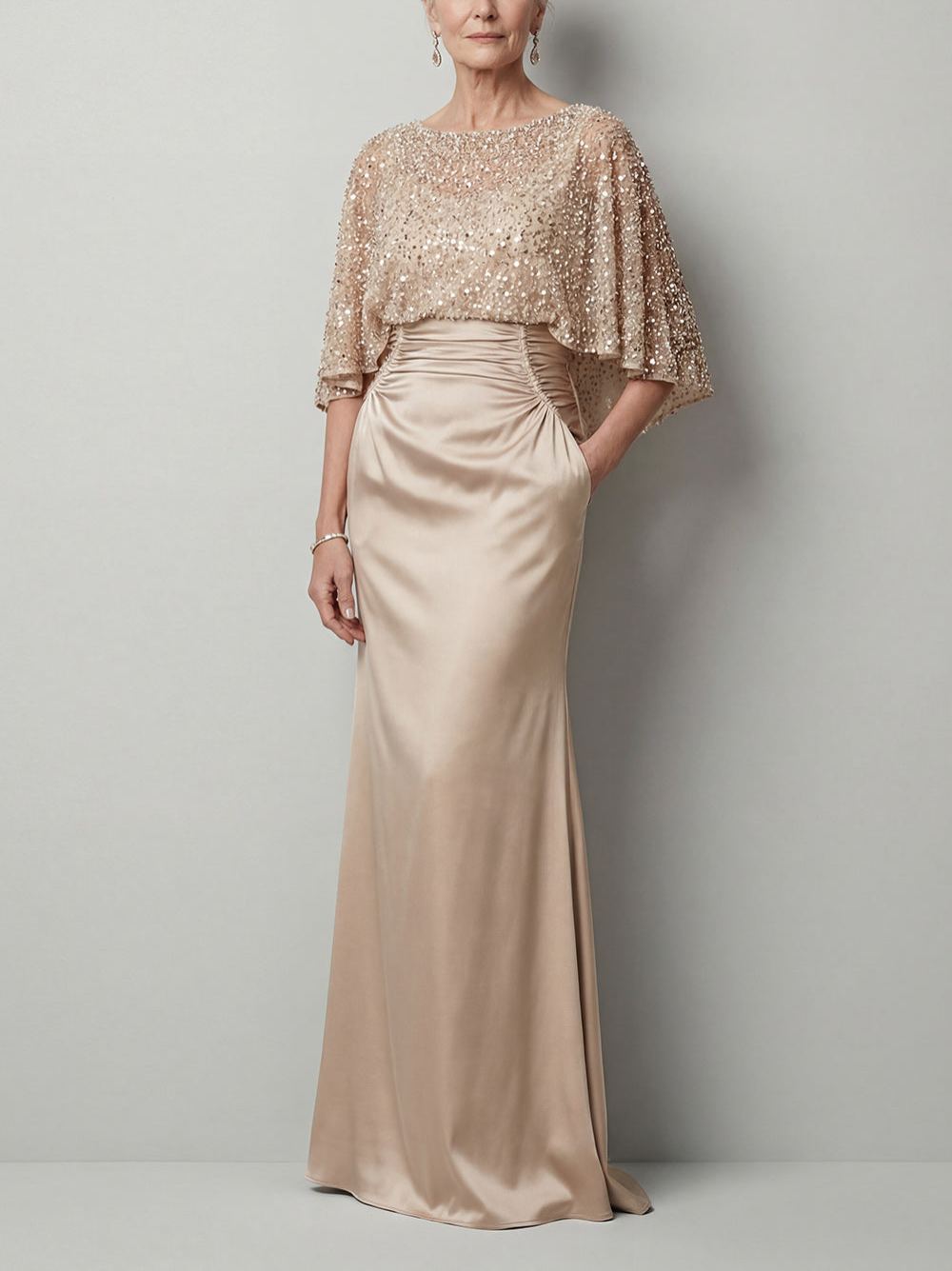 Sparkly Sequined Champagne Satin Mermaid Long Mother of the Bride Dress
