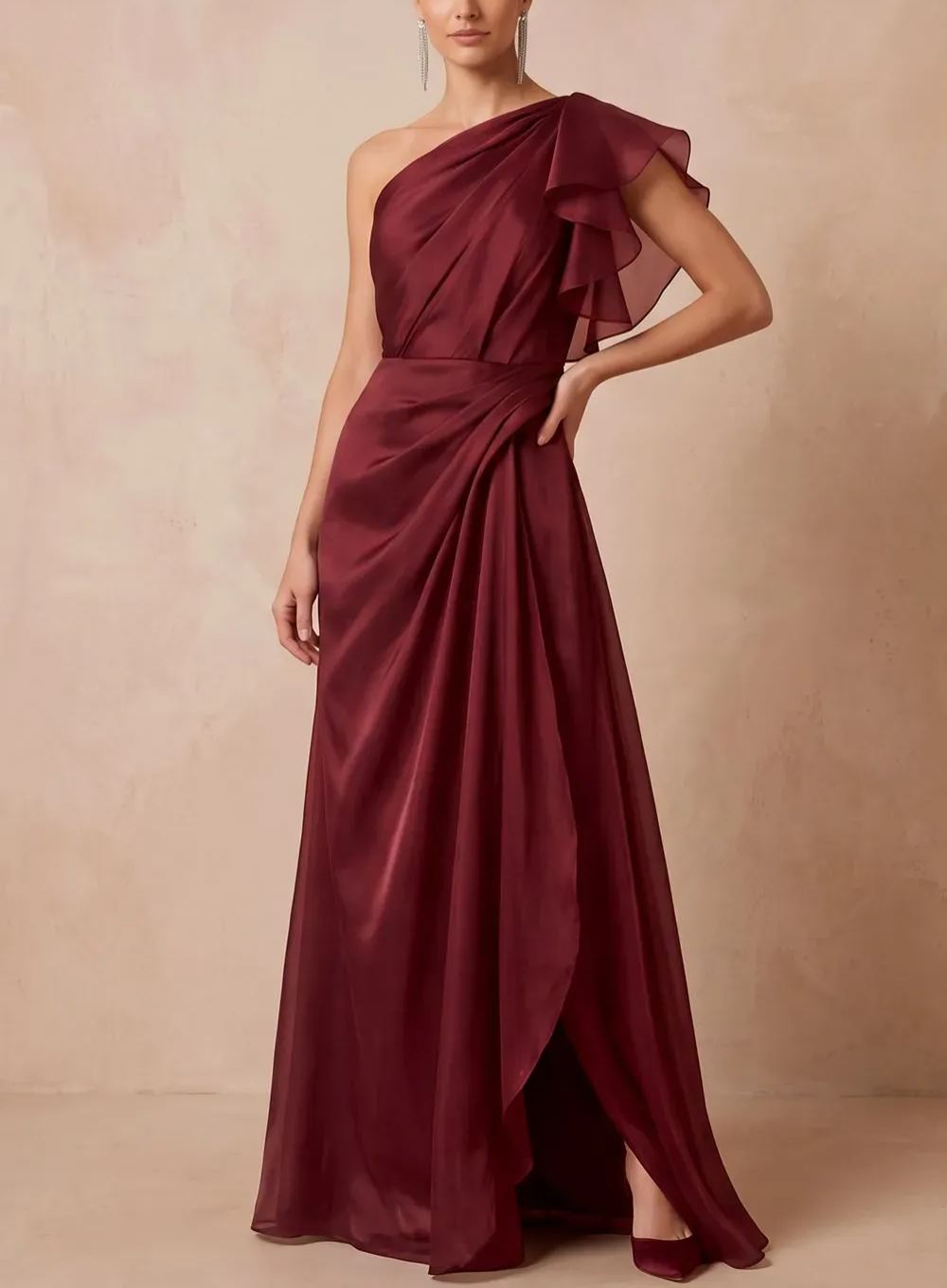 One-Shoulder Ruffle Organza Evening Gown