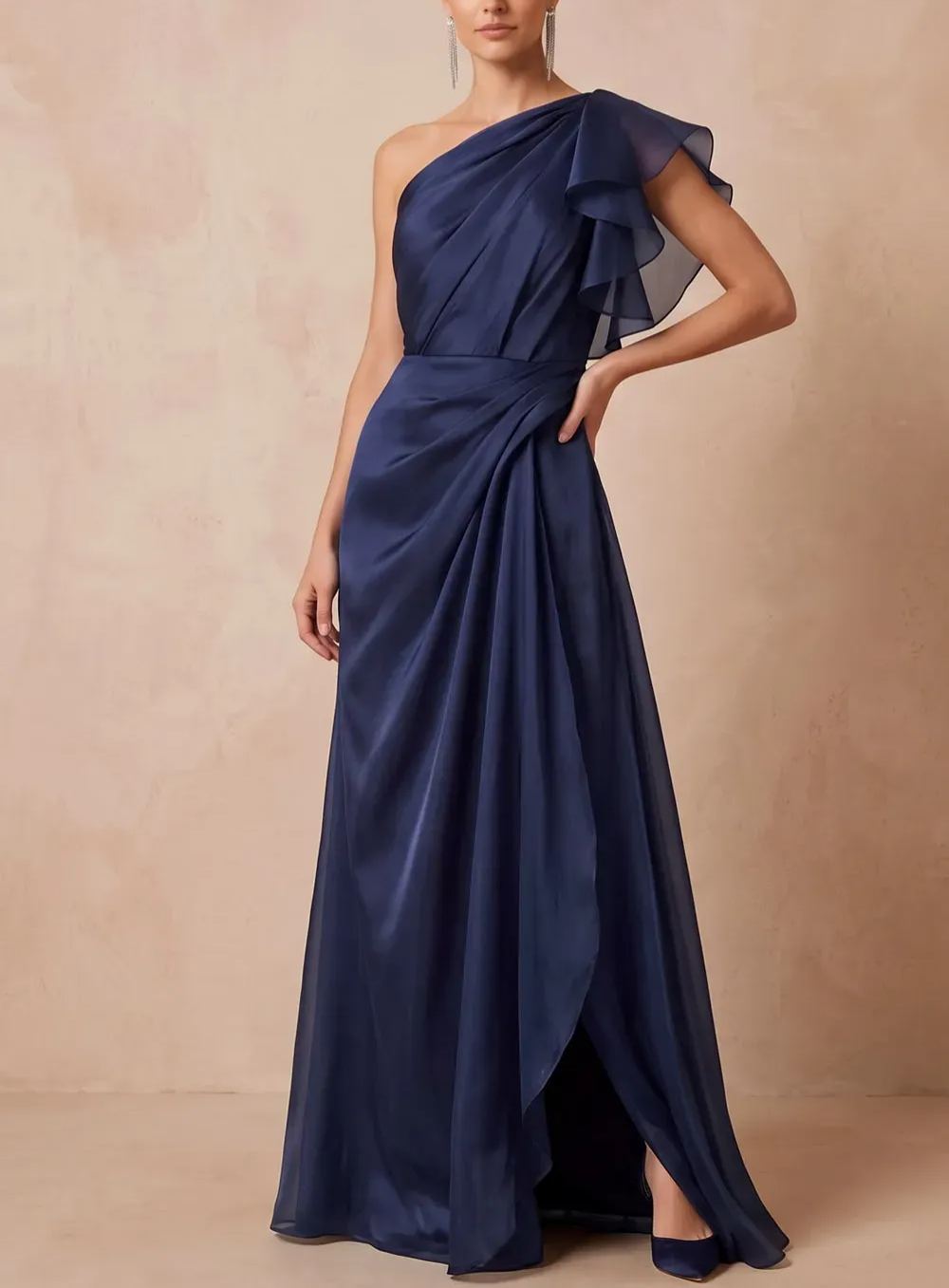 One-Shoulder Ruffle Organza Evening Gown
