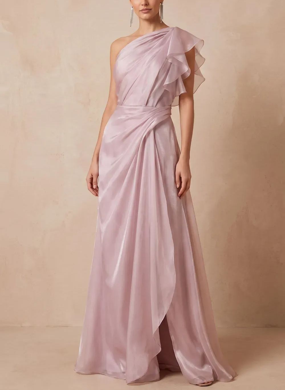 One-Shoulder Ruffle Organza Evening Gown