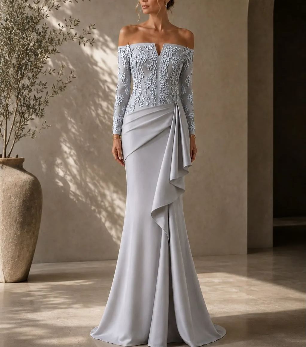 Exquisite Off-the-Shoulder Illusion Lace Crepe Gown with Asymmetric Ruffle Skirt