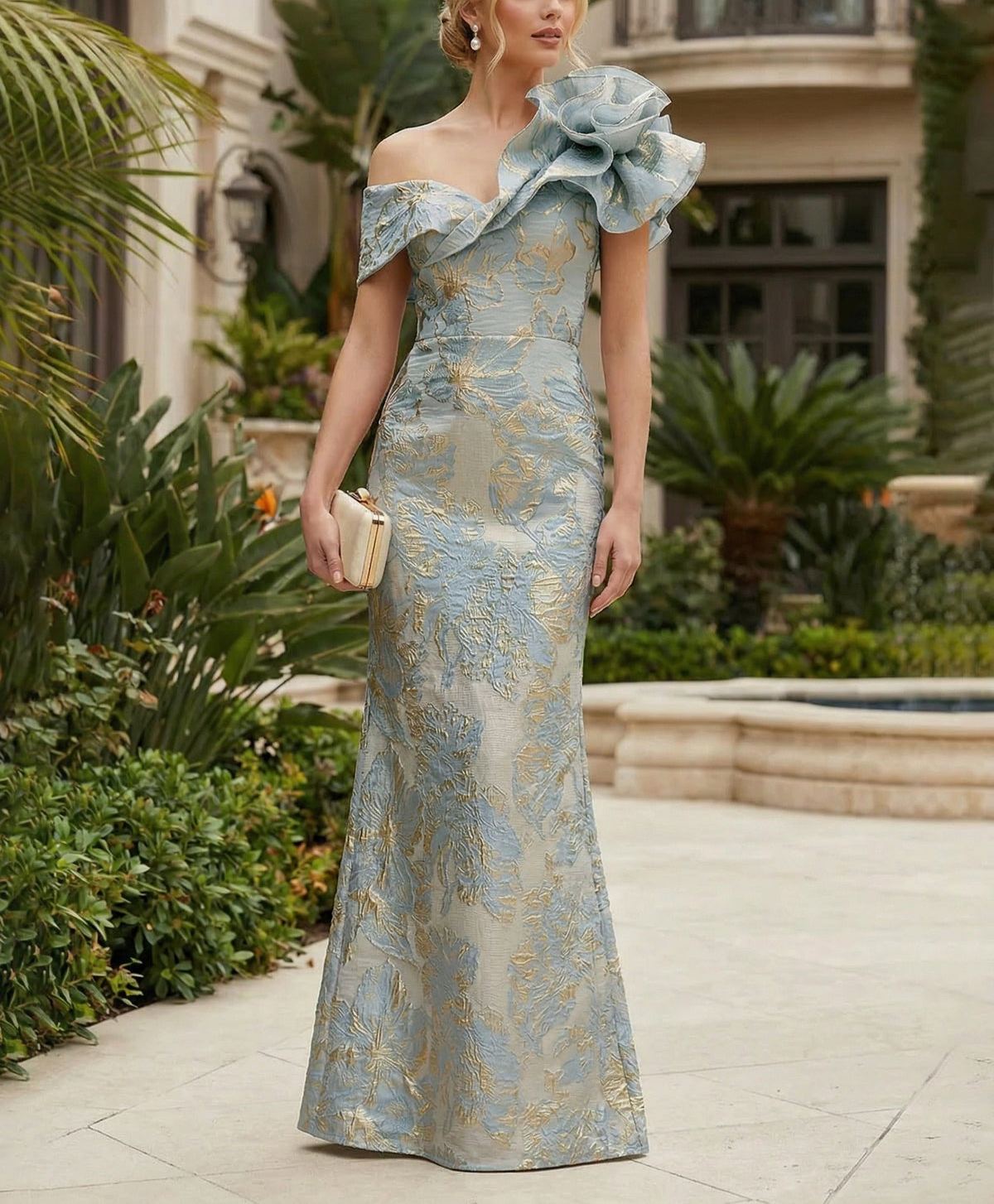 Sheath Floral Jacquard Off Shoulder Mother of the Bride & Groom Dresses with Flower