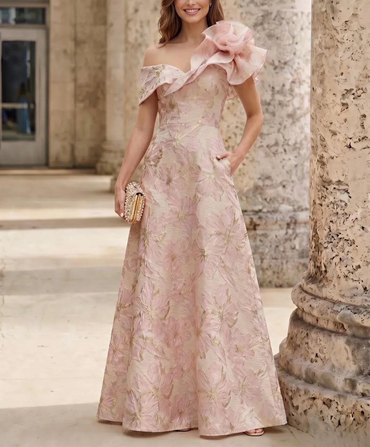 A-Line Evening Gown Elegant Jacquard Floral Dress Floor Length With Shoulder Flower Short Sleeves One Shouldr Pocket Pink Mother Of The Bride Dresses