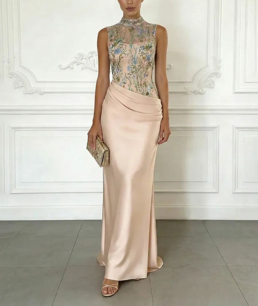 Sheath/Column Elegant Cocktail Dresses Floor-Length Satin Floral Illusion Bodice
