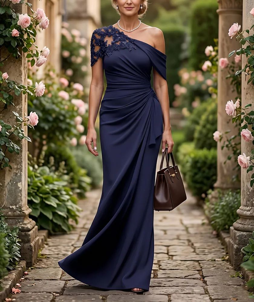 Mermaid One Shoulder Short Sleeves Long Mother of the Bride Dresses