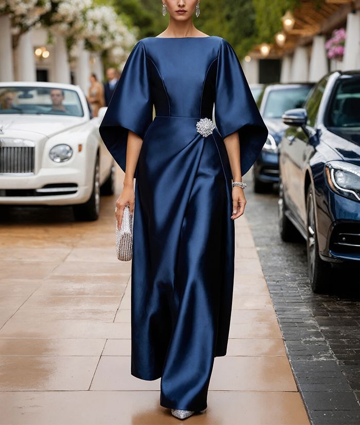 Blue Round Neck Satin Maxi Dress