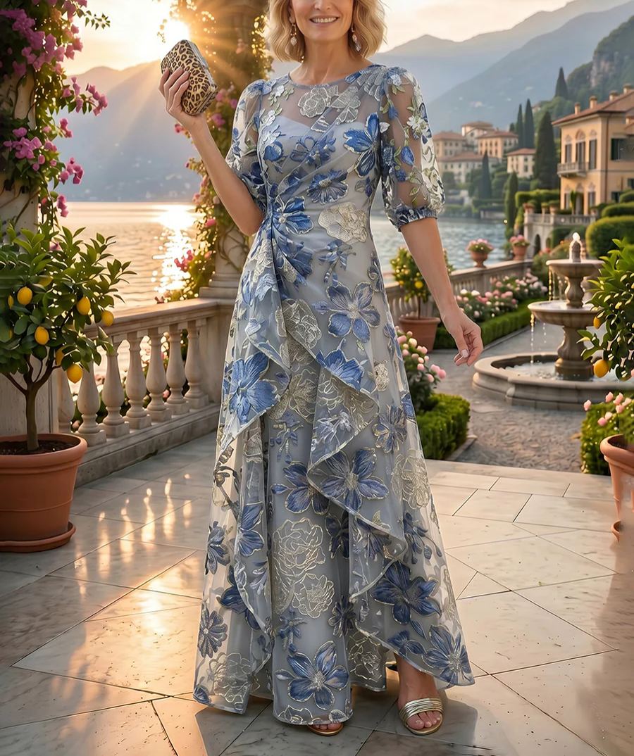 Jacquard A-Line/Princess Scoop Neck Floor-Length Mother of the Bride & Groom Dresses with Ruffles & Ruched Waist