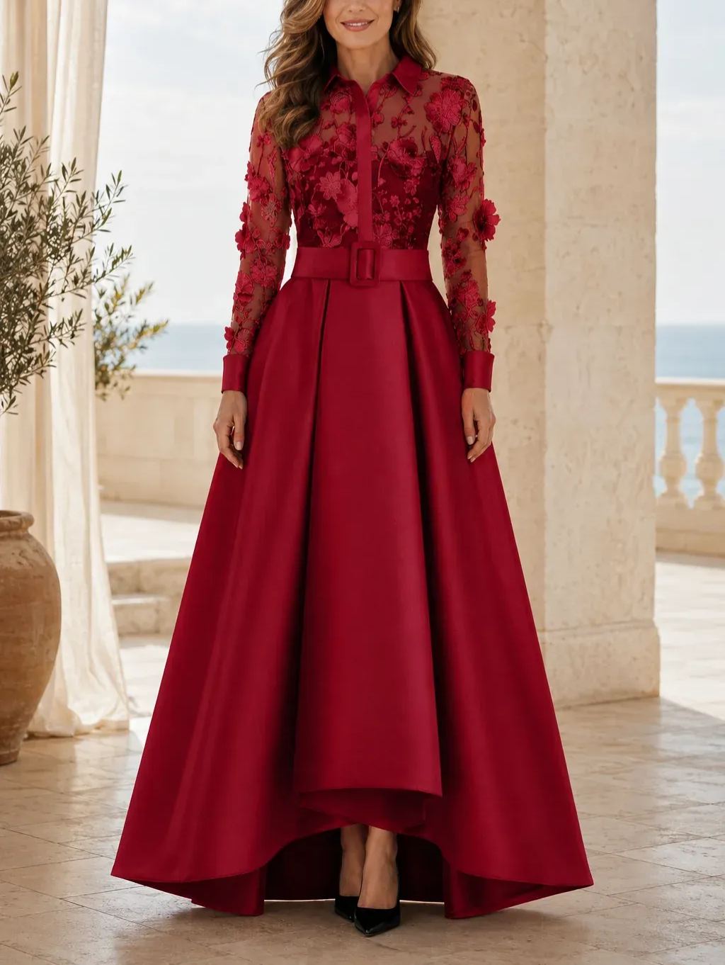 Long Sleeve Sheer Floral Applique High Low Gown