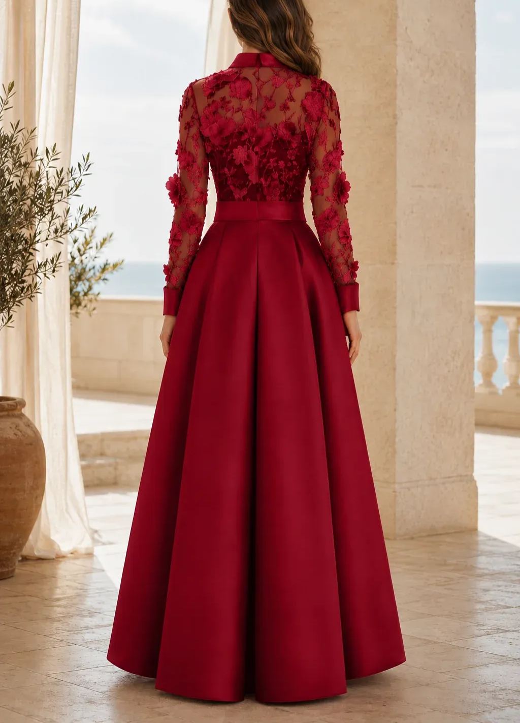 Long Sleeve Sheer Floral Applique High Low Gown