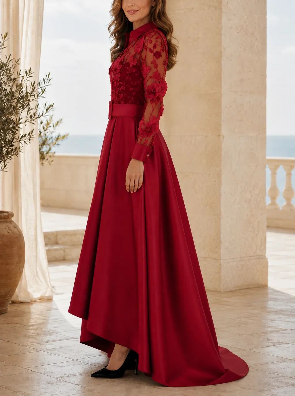Long Sleeve Sheer Floral Applique High Low Gown