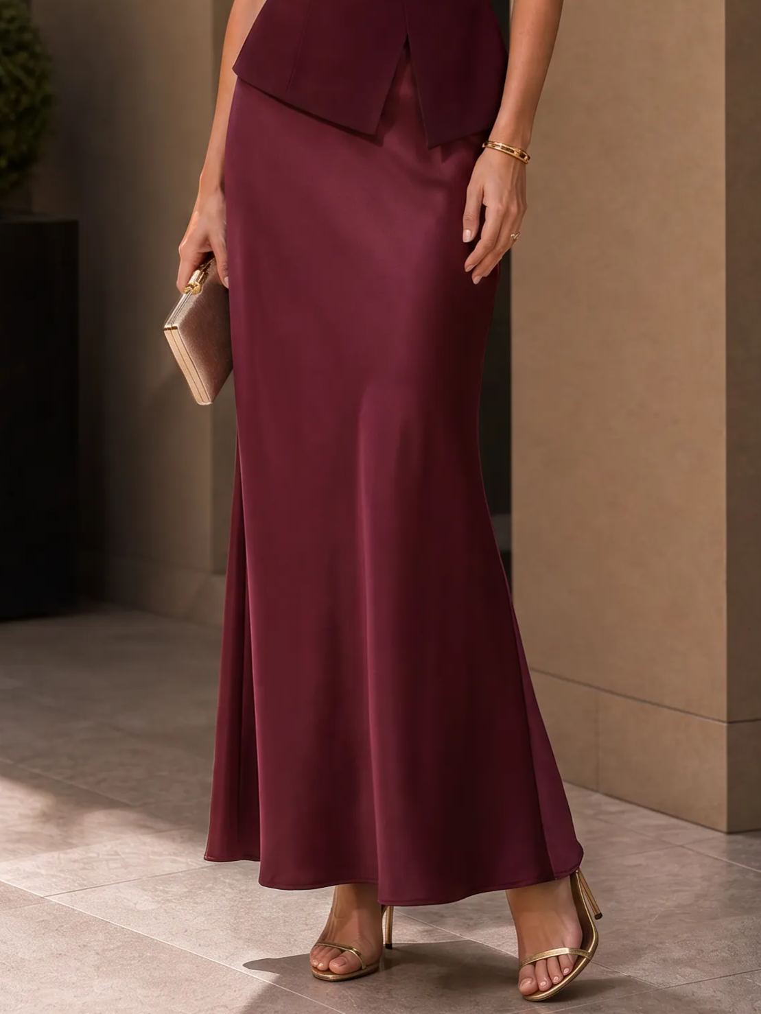 Off-Shoulder Satin Matching Peplum Top And Skirt Set