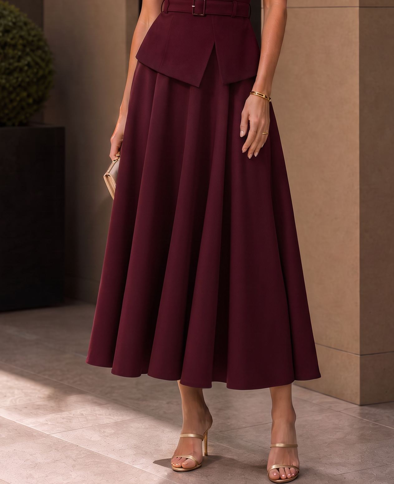 Off-Shoulder Satin Matching Peplum Top And Skirt Set