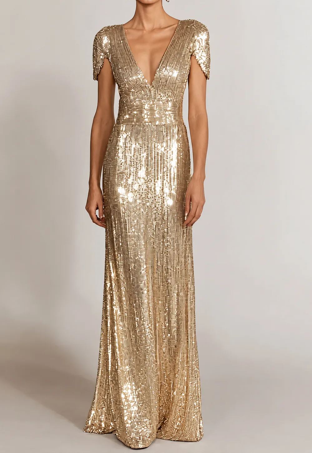 Formal Evening Gold V-Neck Sequins Maxi Dress