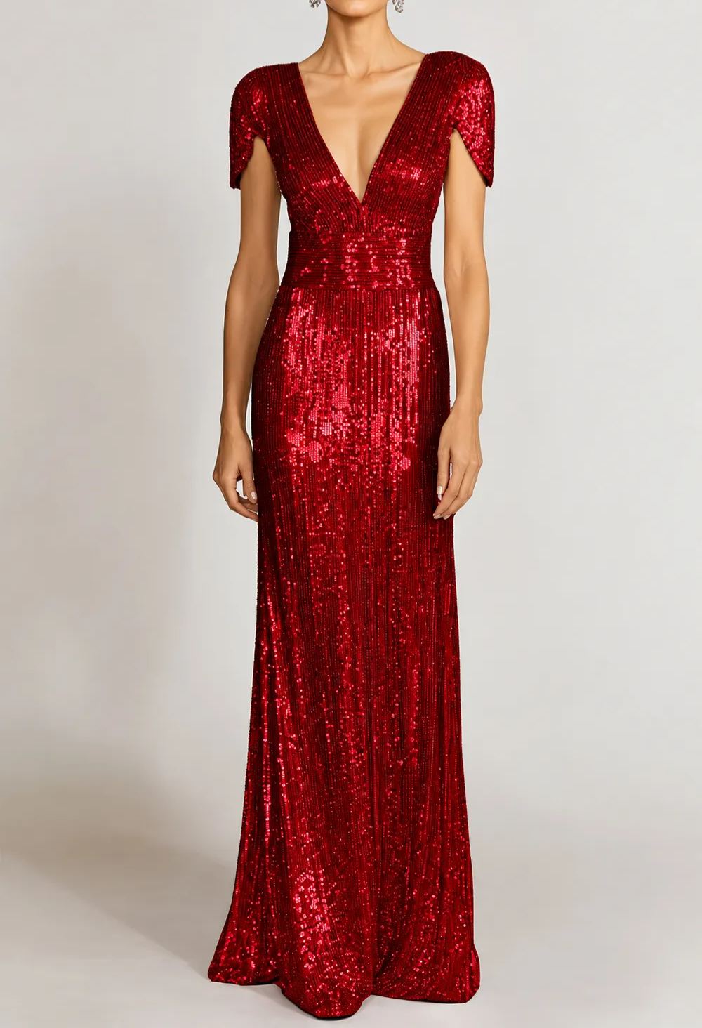 Formal Evening Gold V-Neck Sequins Maxi Dress