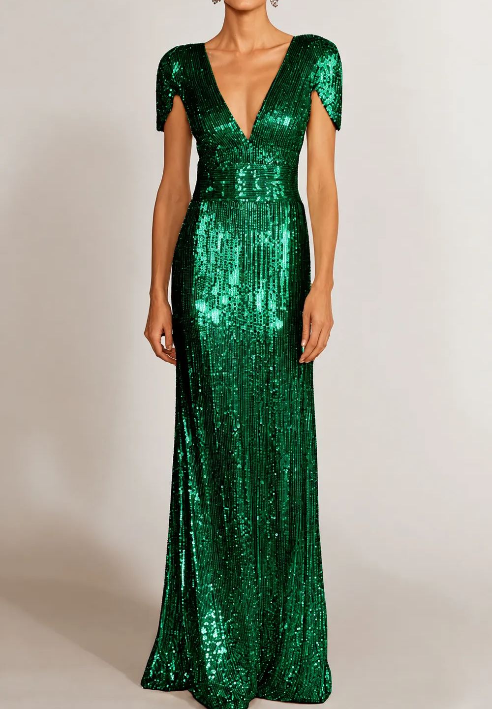Formal Evening Gold V-Neck Sequins Maxi Dress