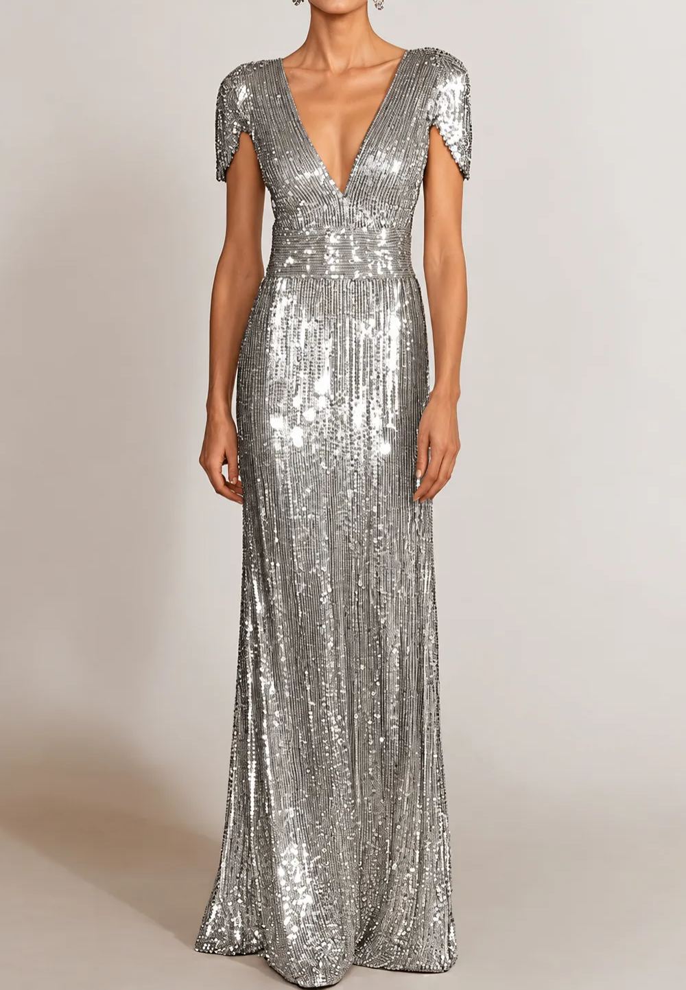 Formal Evening Gold V-Neck Sequins Maxi Dress