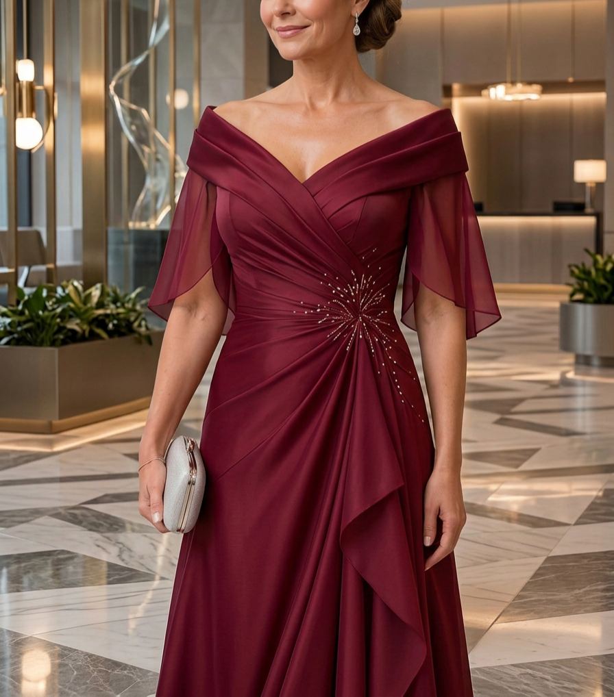 Off-The-Shoulder Beaded Chiffon Evening Gown