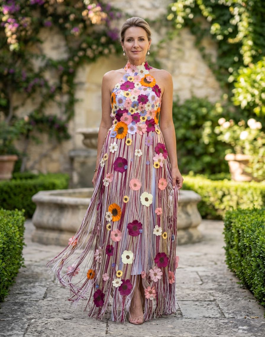Halter Neck 3D Floral Applique Fringe Maxi Dress