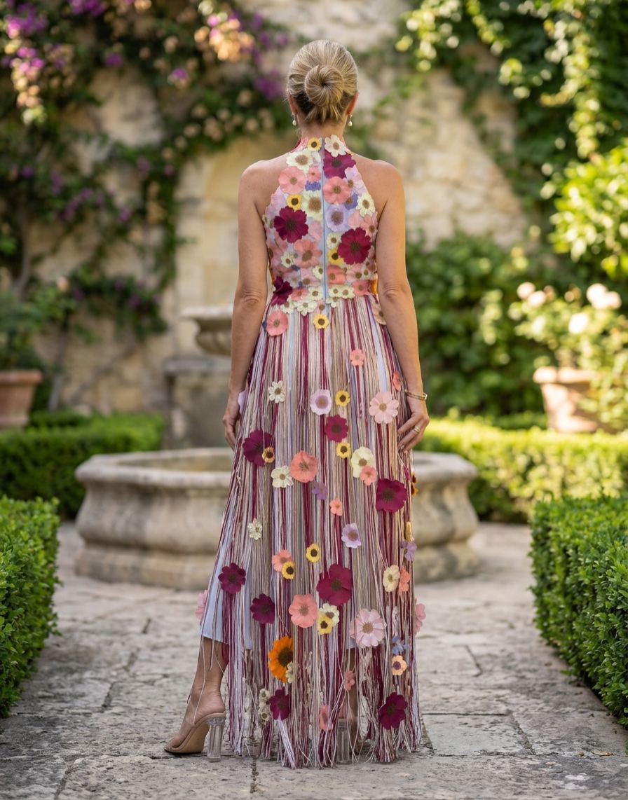 Halter Neck 3D Floral Applique Fringe Maxi Dress