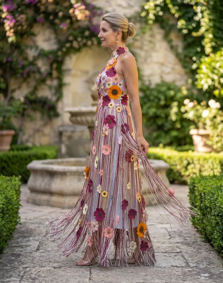 Halter Neck 3D Floral Applique Fringe Maxi Dress