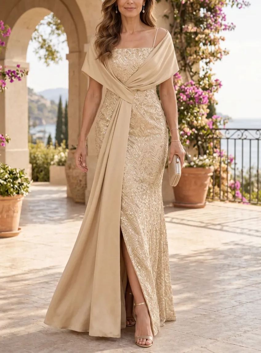 Off-Shoulder Sequined Lace and Satin Evening Gown With Side Drape