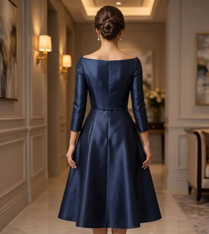 Off-The-Shoulder 3/4 Sleeve Mikado Satin Midi A-Line Dress With Belt