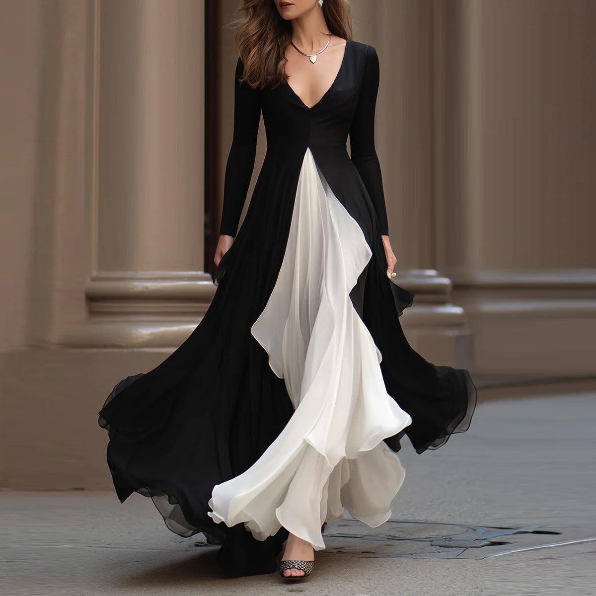 Special Color Block Long Sleeve Maxi Dress