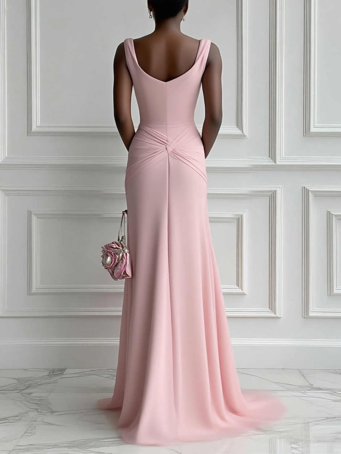 Pink Ruched Slit Formal Dress Cowl Neck Sleeveless A-Line Gown Dress